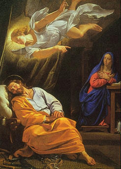 Saint Joseph, sleeping, an angel flying over him