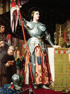 Joan of Arc at the altar of a cathedral, dressed in armor and holding a flag