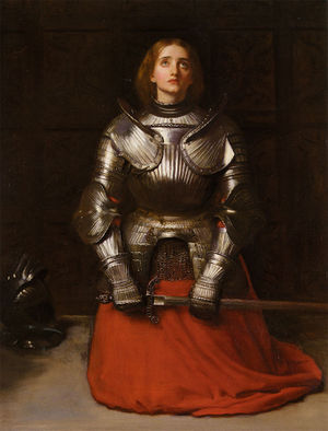 Joan of Arc, kneeling, dressed in armor, holding a sword